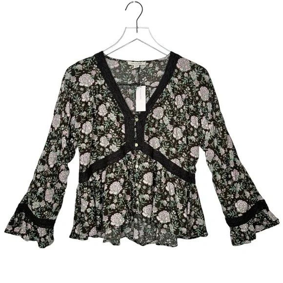 NEW American Eagle Witchy Dark Floral Long SleeveCottage Core Blouse Sz S - Picture 1 of 9